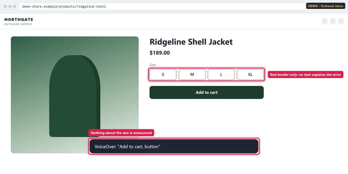 SF-003 demo screenshot: Size buttons with a red border and no message; the VoiceOver caption reads only "Add to cart, button".