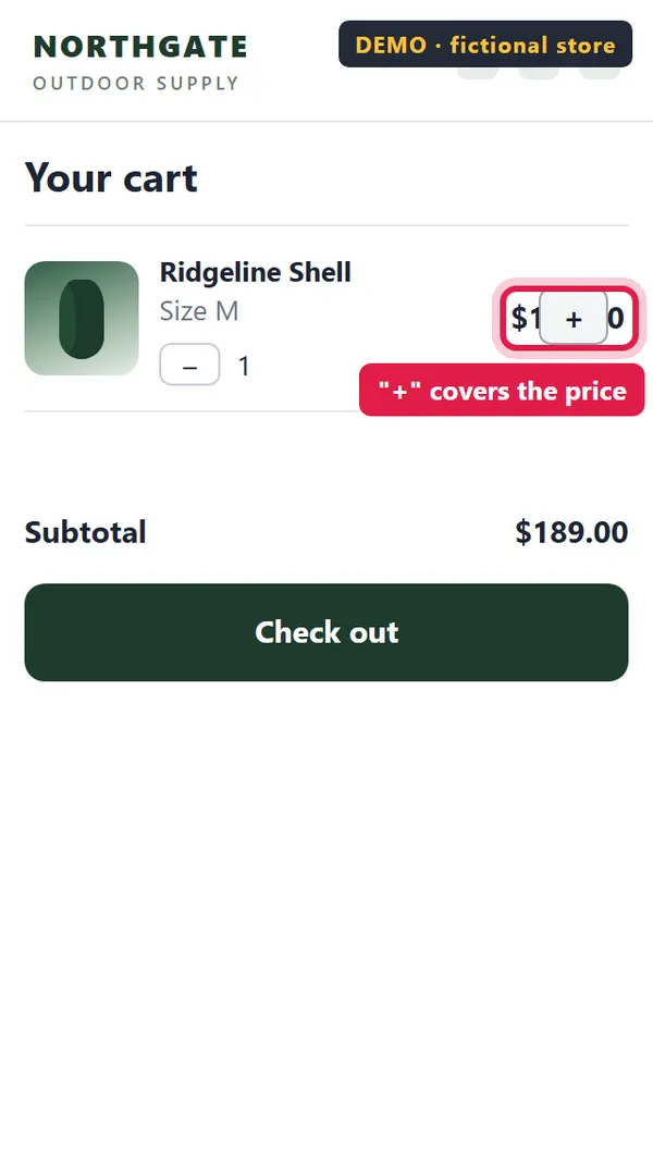 SF-004 demo screenshot: Cart row at 320px wide: the "+" quantity control is drawn over the price.